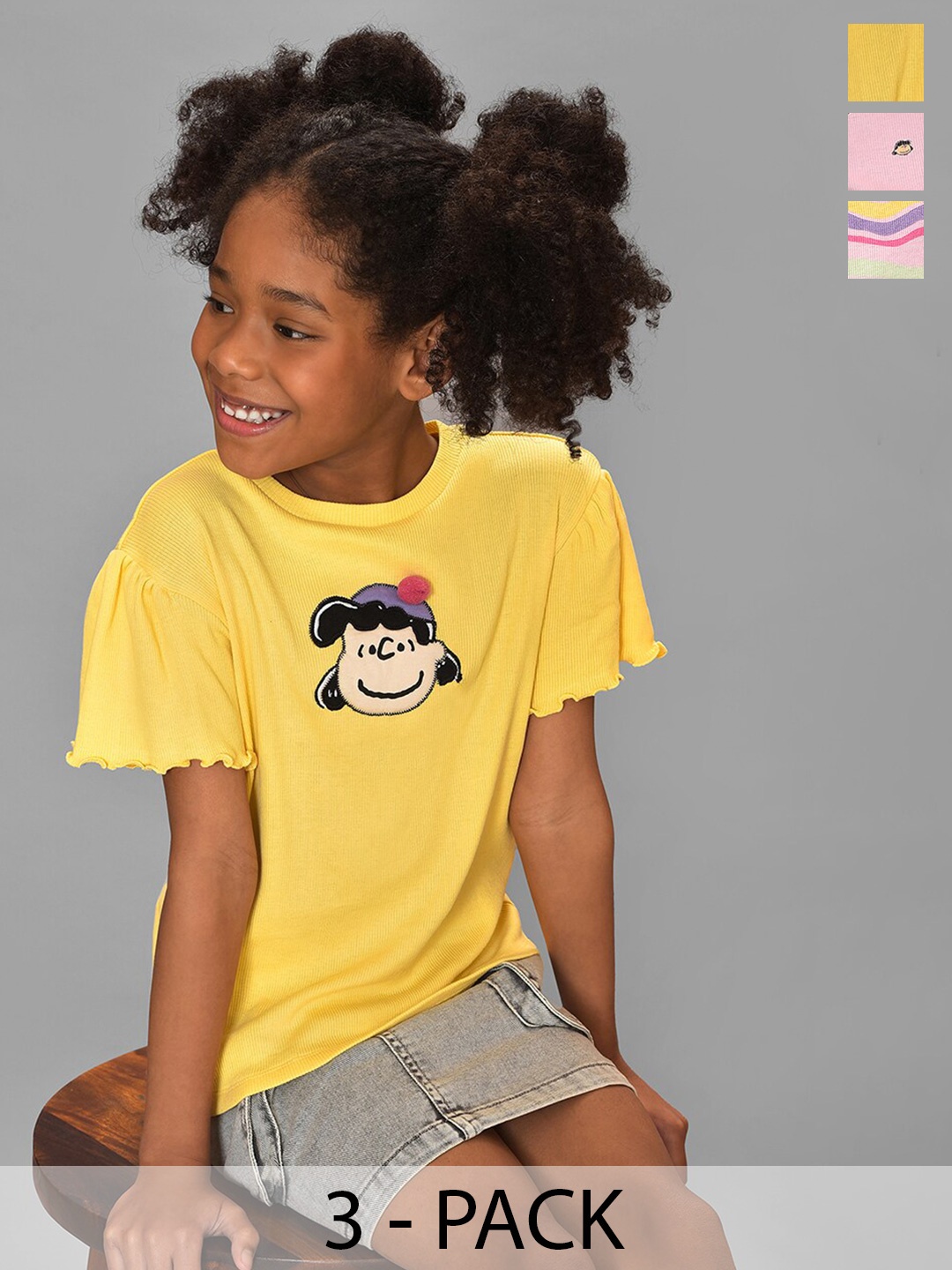 

MiArcus Peanuts Girls Pack Of 3 Printed Cotton Tops, Yellow