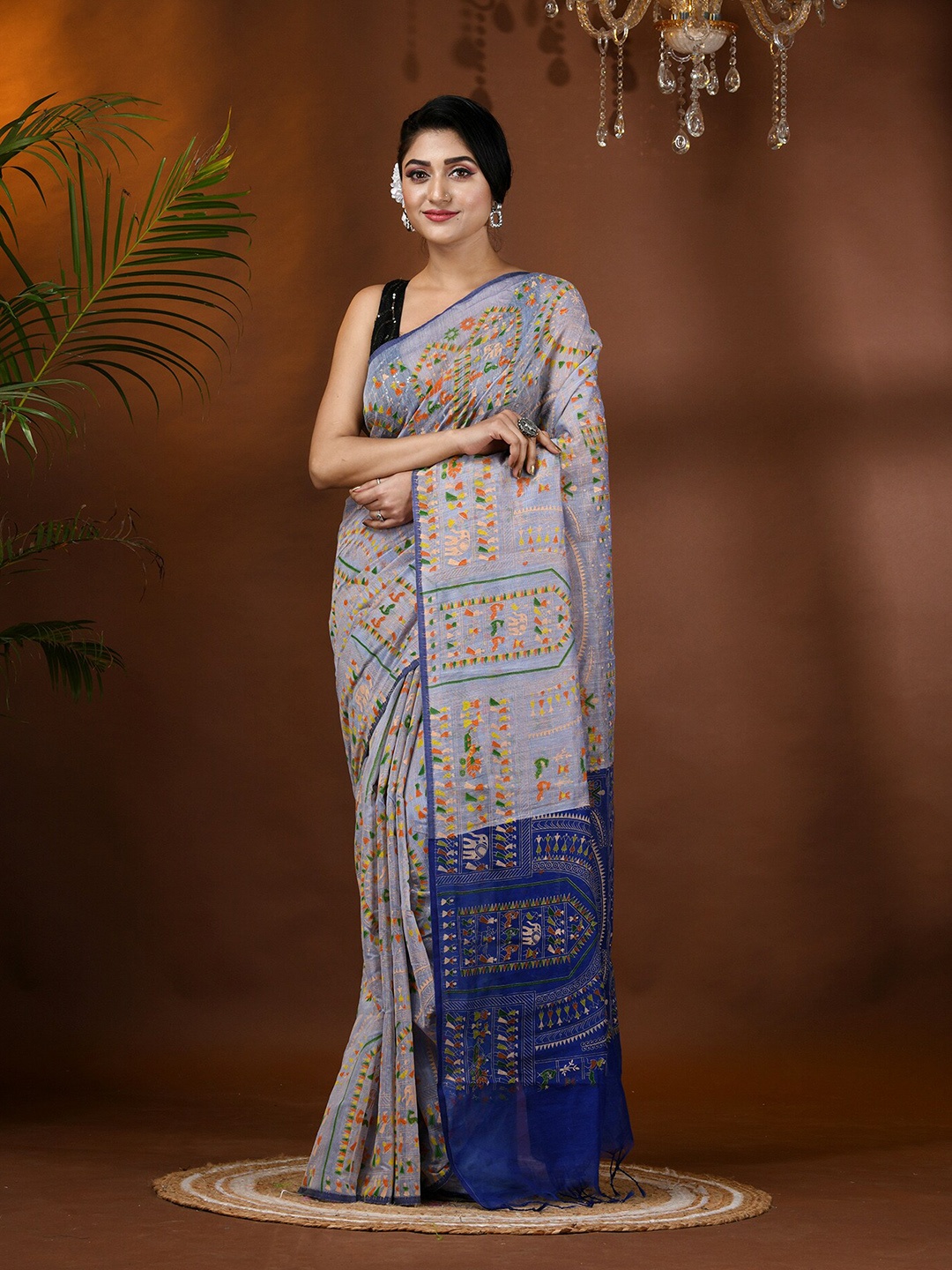 

DESH BIDESH Woven Design Block Print Cotton Silk Saree with Tassels, Blue