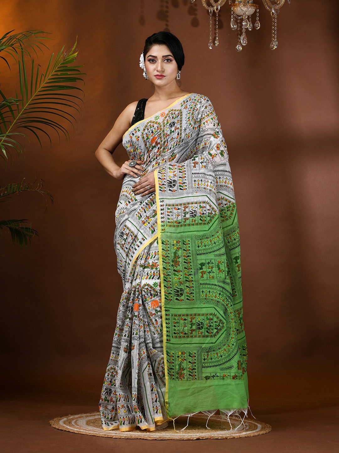 

DESH BIDESH Ethnic Motifs Block Print Cotton Blend Saree with Tassels, White