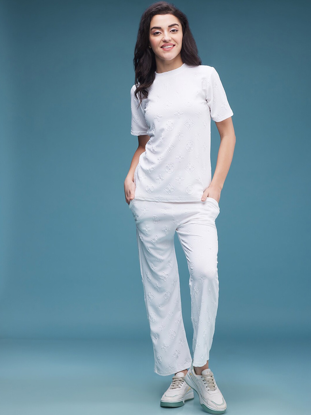 

DressBerry Self Design Round Neck Top & Trousers, White