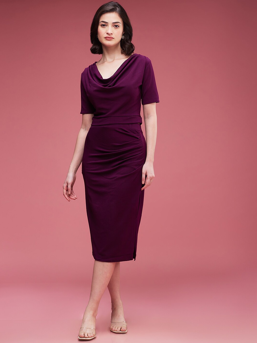 

DressBerry Purple Cowl Neck Short Sleeves Top & Skirts