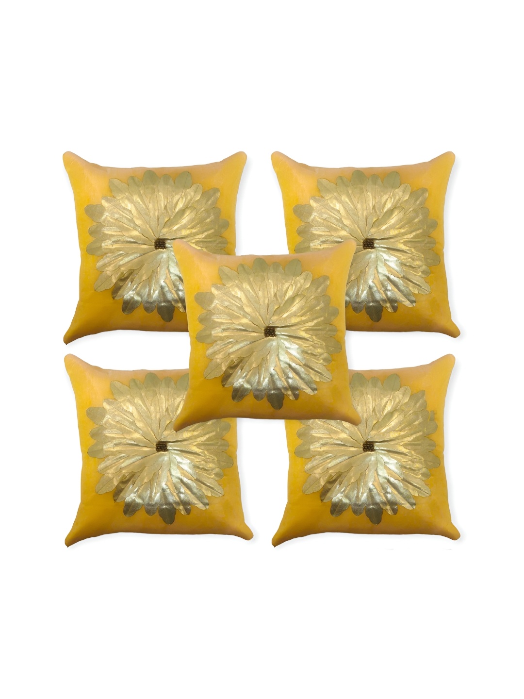 

MONKDECOR Yellow & Gold-Toned 5 Pieces Floral Embellished Silk Square Cushion Covers