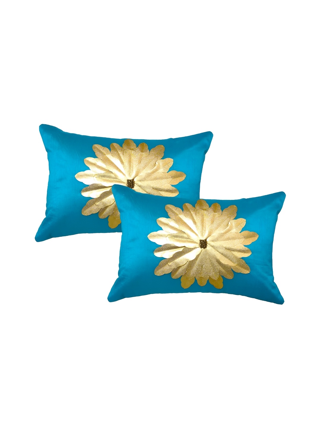 

MONKDECOR Teal Blue & Gold Toned 2 Pieces Silk Floral Rectangle Cushion Covers