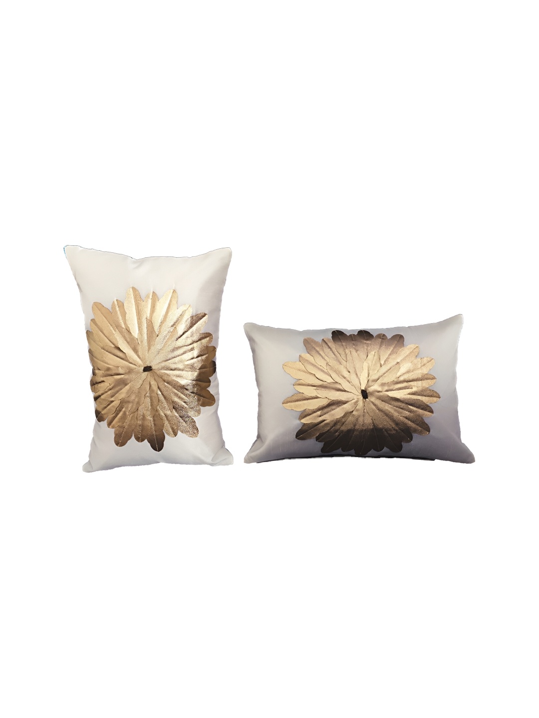 

MONKDECOR Cream & Gold Toned 2 Pieces Silk Floral Rectangle Cushion Covers