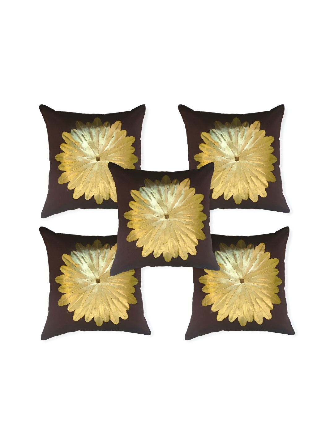 

MONKDECOR Brown & Gold-Toned 5 Pieces Floral Embellished Silk Square Cushion Covers