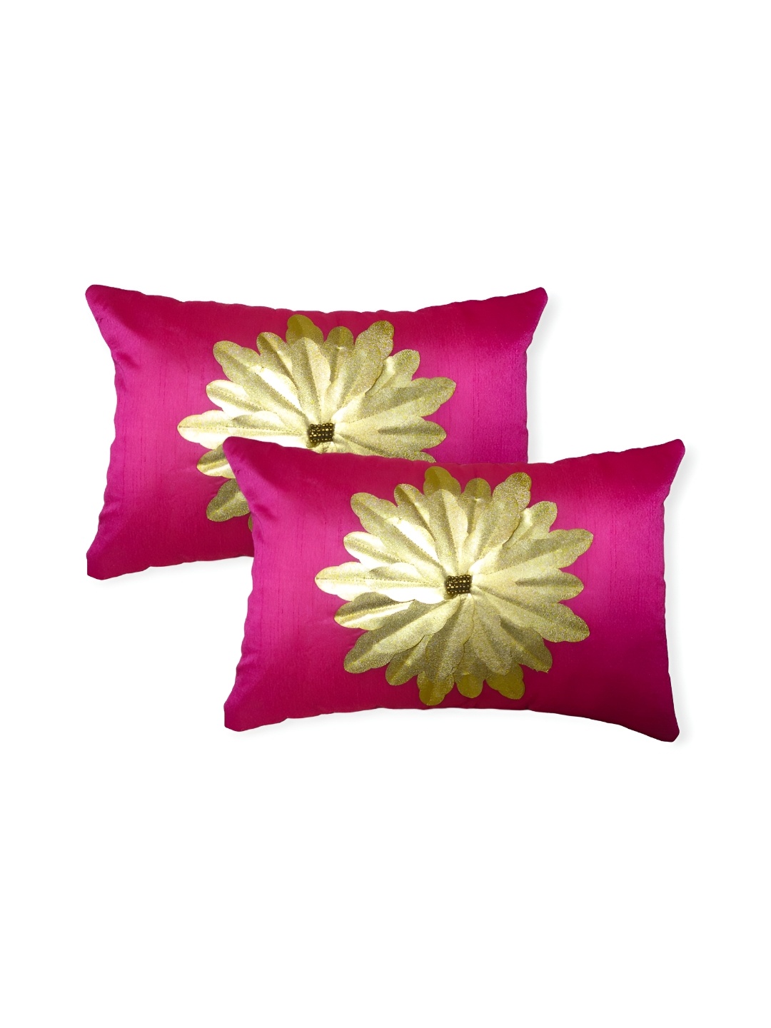 

MONKDECOR Pink & Gold Toned 2 Pieces Silk Floral Rectangle Cushion Covers