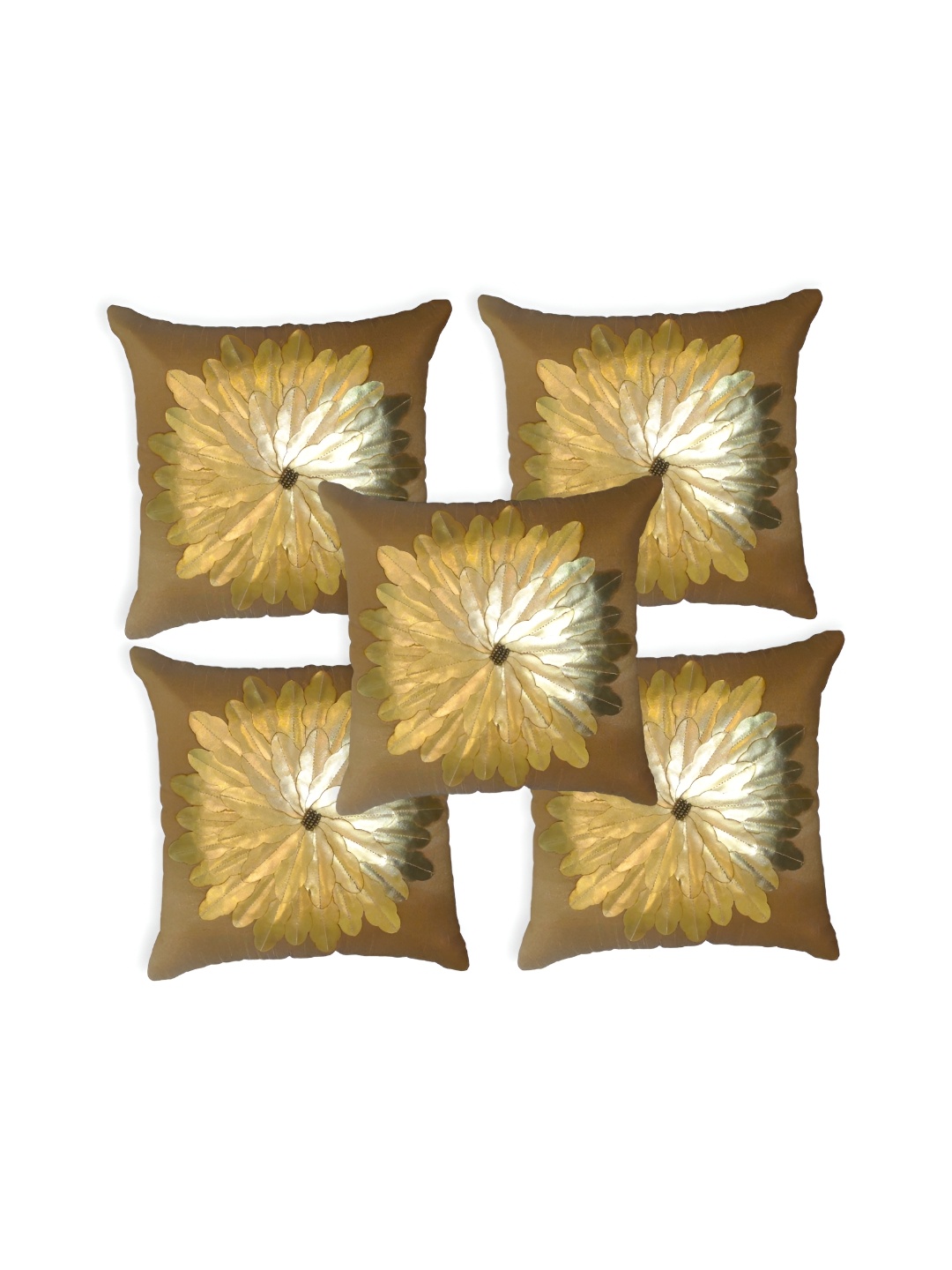 

MONKDECOR Gold-Toned & White 5 Pieces Floral Embellished Silk Square Cushion Covers