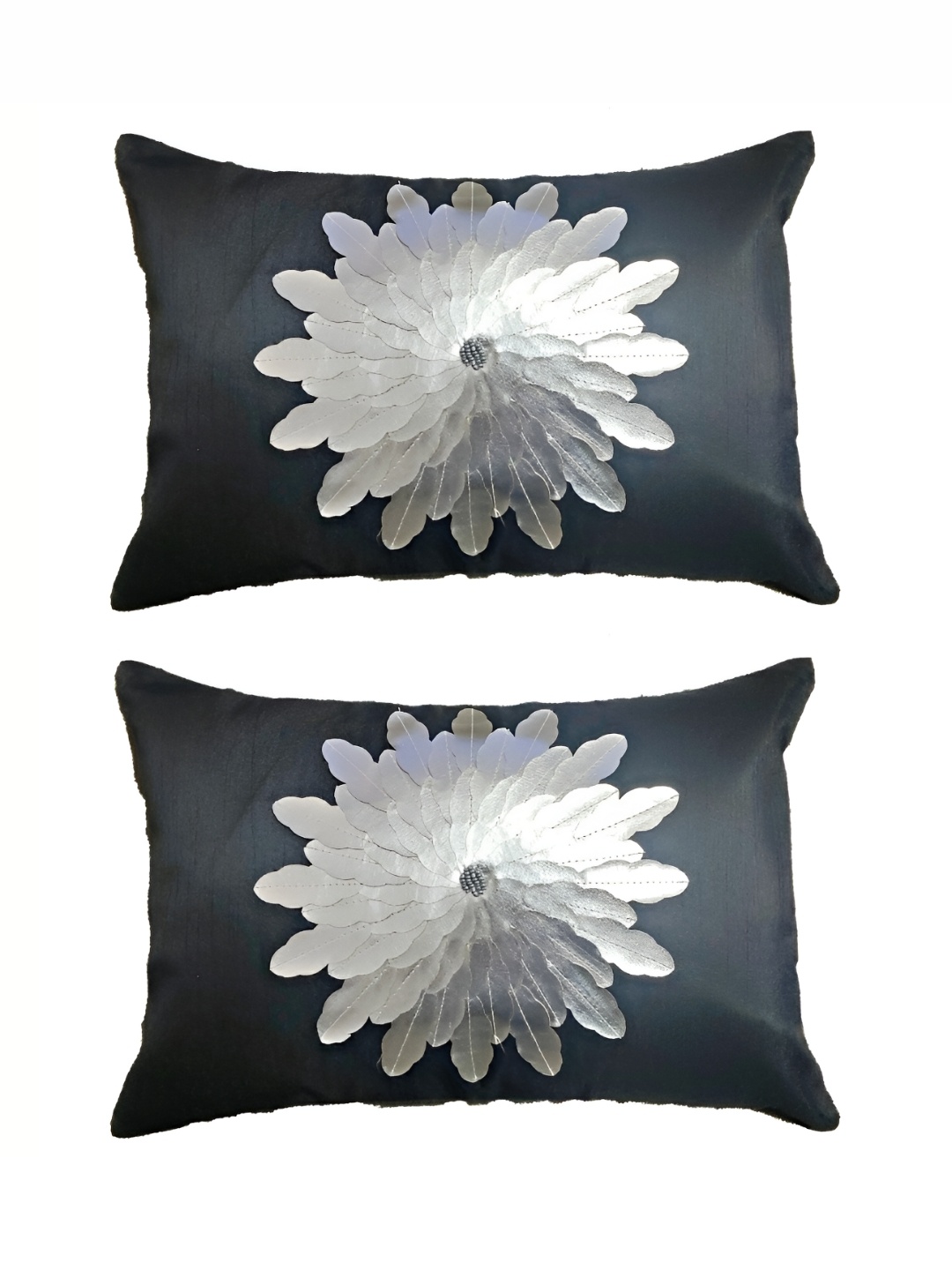 

MONKDECOR Black & Silver-Toned 2 Pieces Floral Embellished Silk Rectangle Cushion Covers