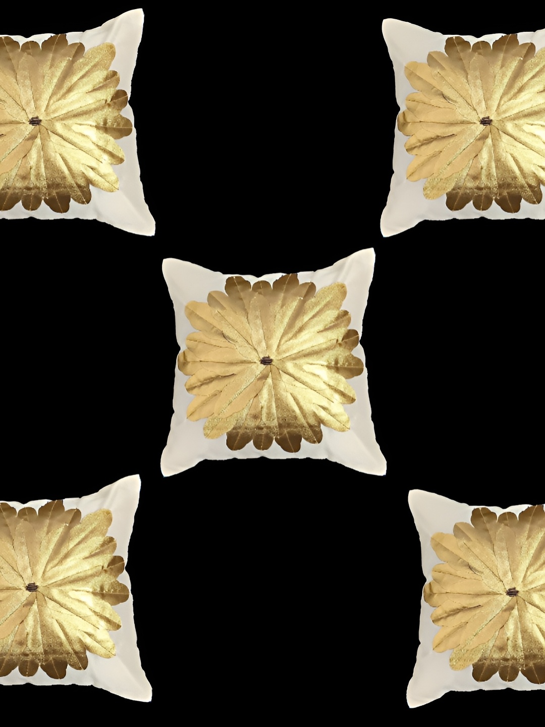 

MONKDECOR Cream & Gold-Toned 5 Pieces Floral Embellished Silk Square Cushion Covers