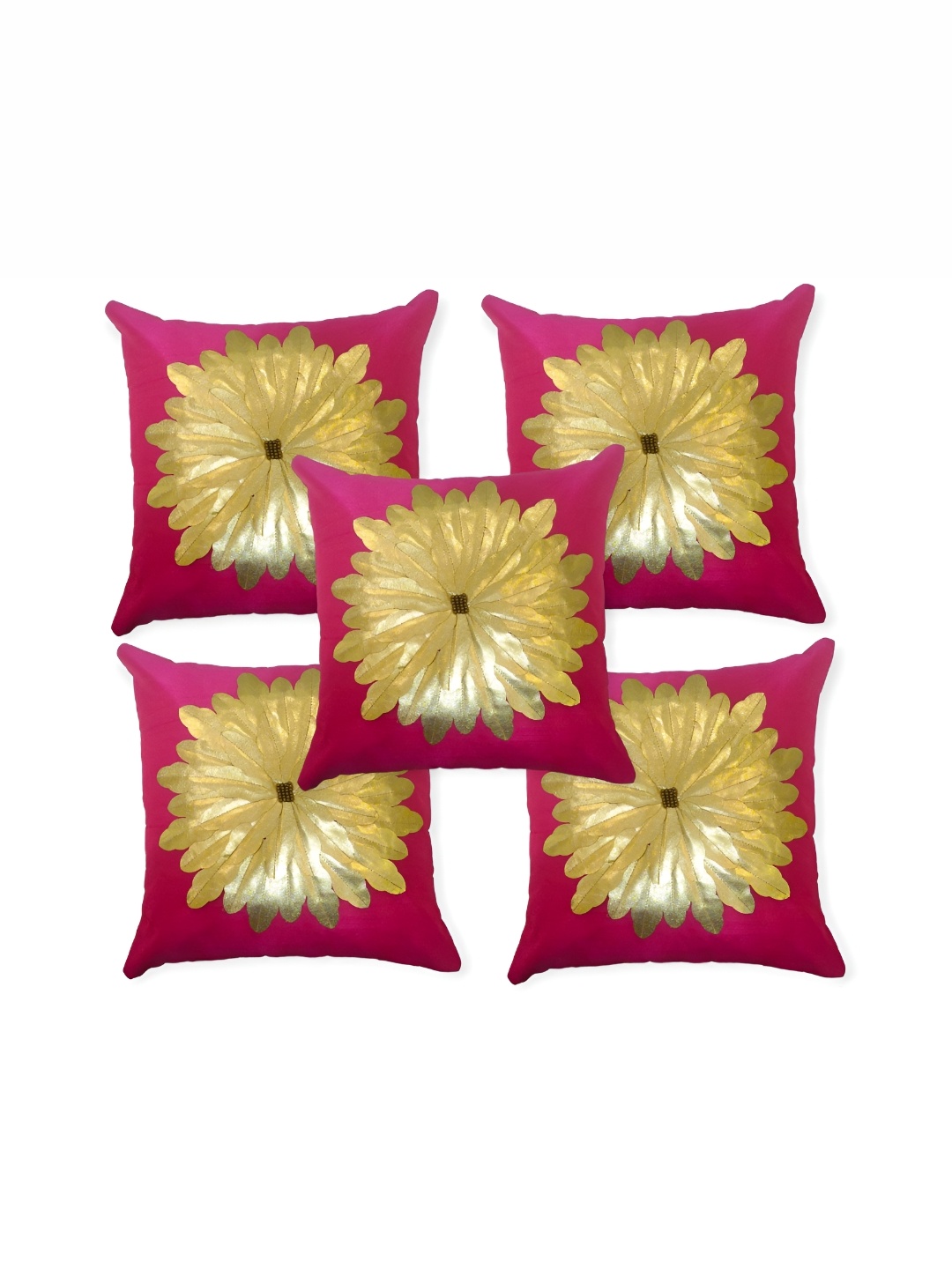 

MONKDECOR Pink & Gold-Toned 5 Pieces Floral Embellished Silk Square Cushion Covers