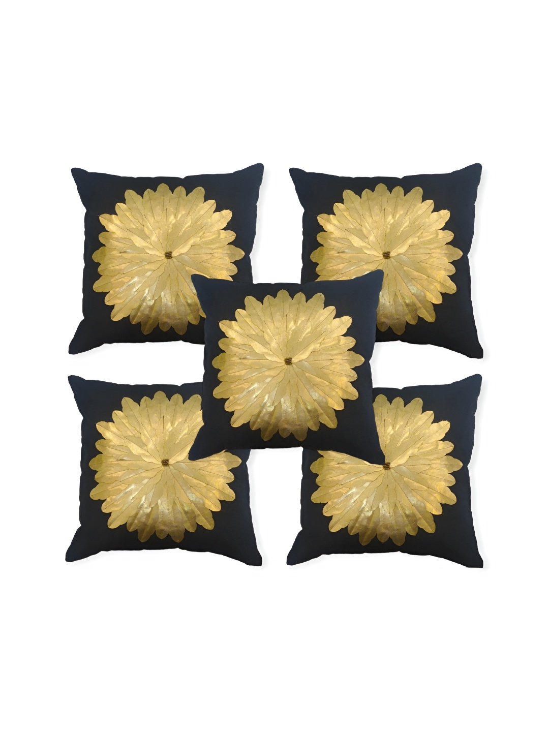 

MONKDECOR Black & Gold-Toned 5 Pieces Floral Embellished Silk Square Cushion Covers