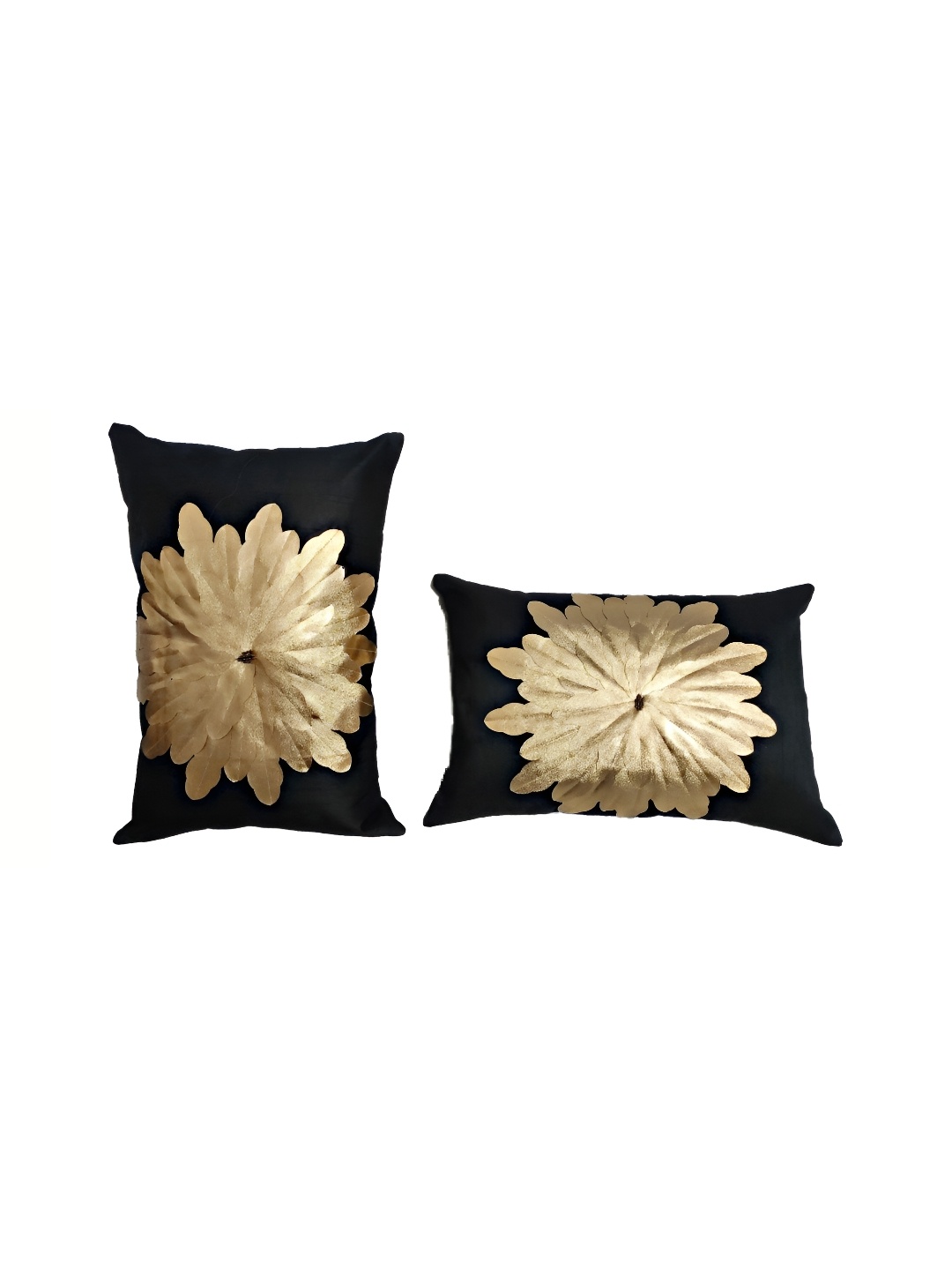 

MONKDECOR Black & Gold-Toned 2 Pieces Floral Embellished Silk Rectangle Cushion Covers