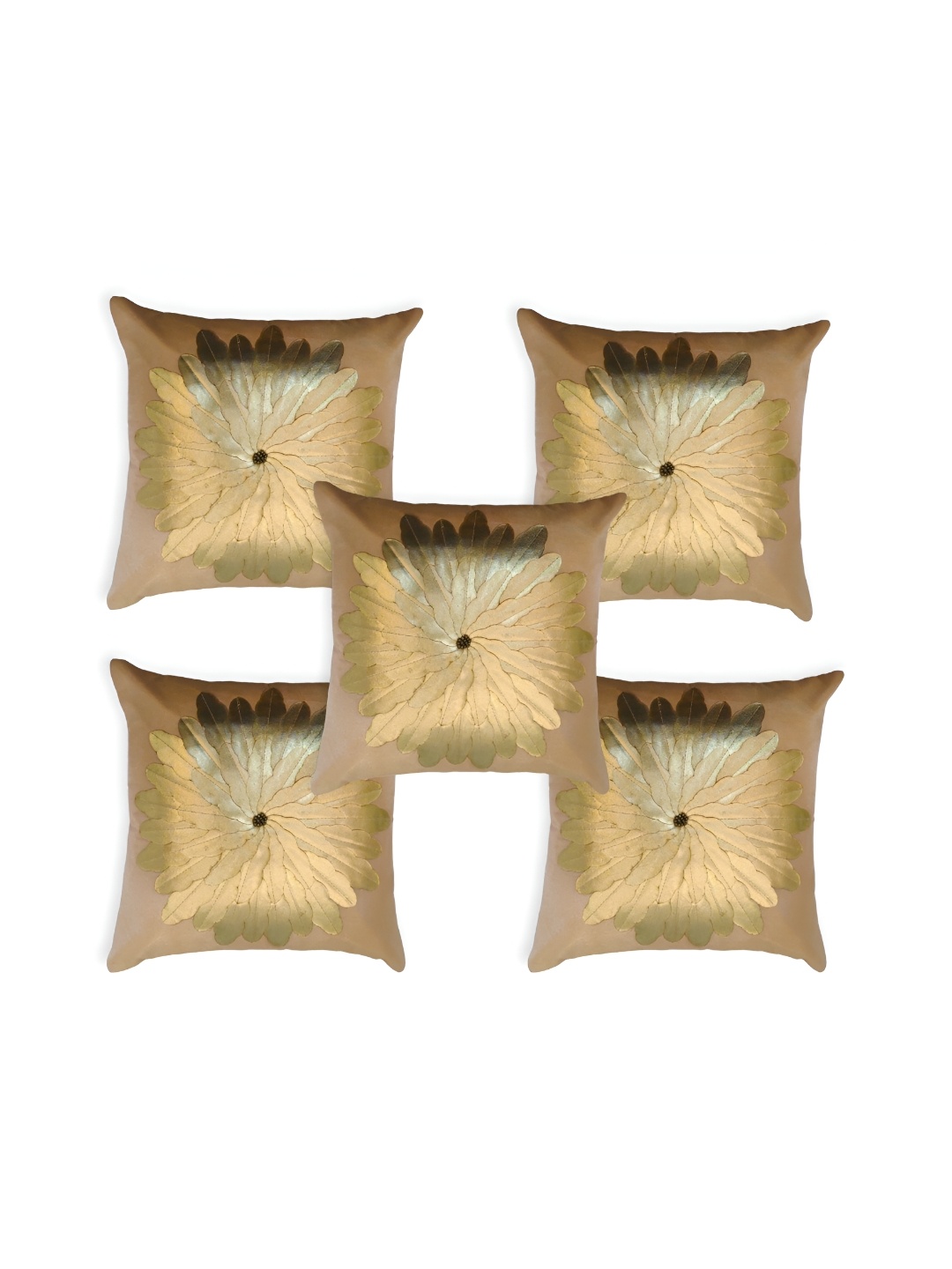 

MONKDECOR Beige & Gold-Toned 5 Pieces Silk Floral Square Cushion Covers