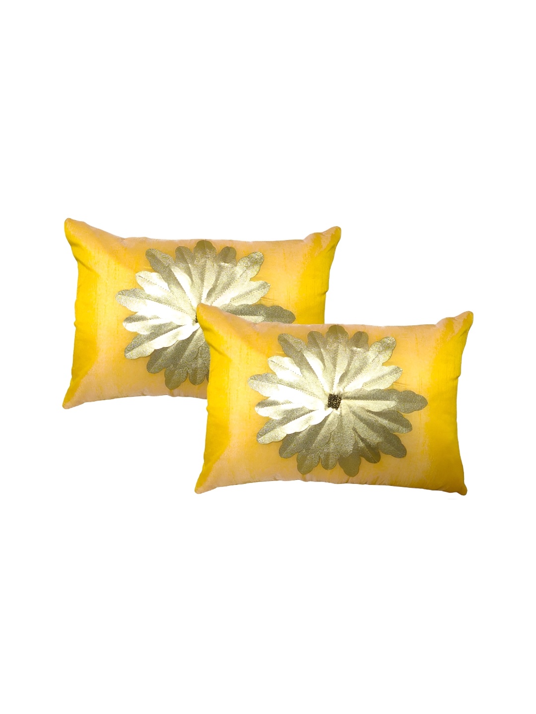 

MONKDECOR Yellow & Gold-Toned 2 Pcs Floral Rectangle Cushion Covers