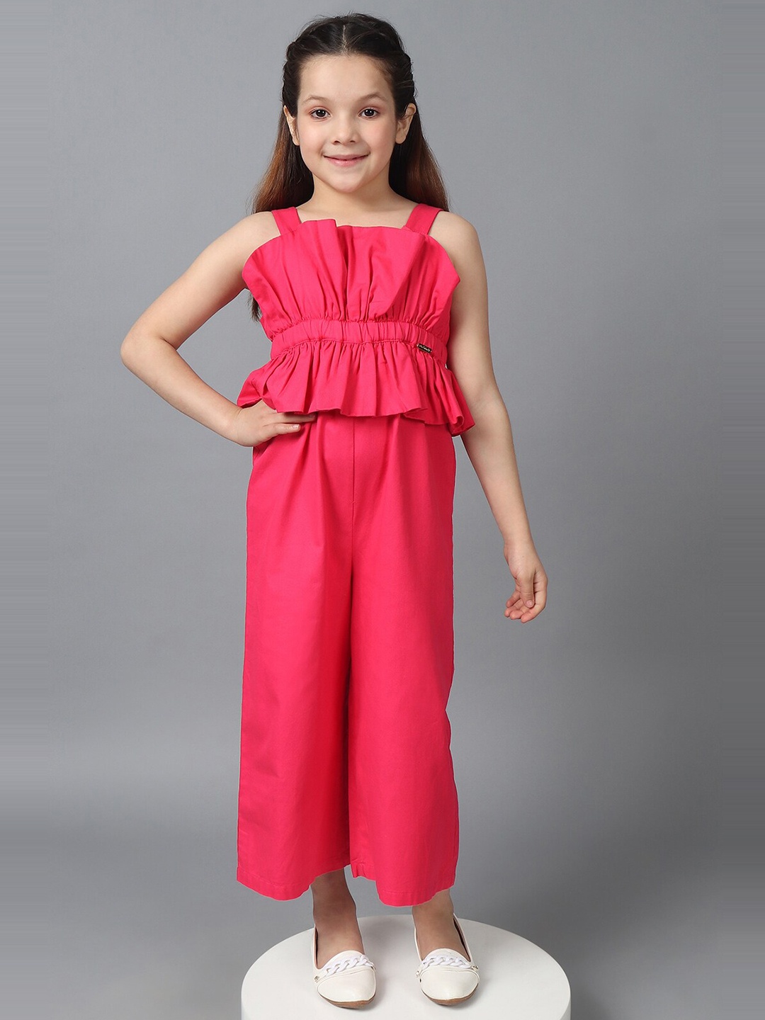 

One Friday Girls Cotton Square Shape Full Jumpsuit, Pink
