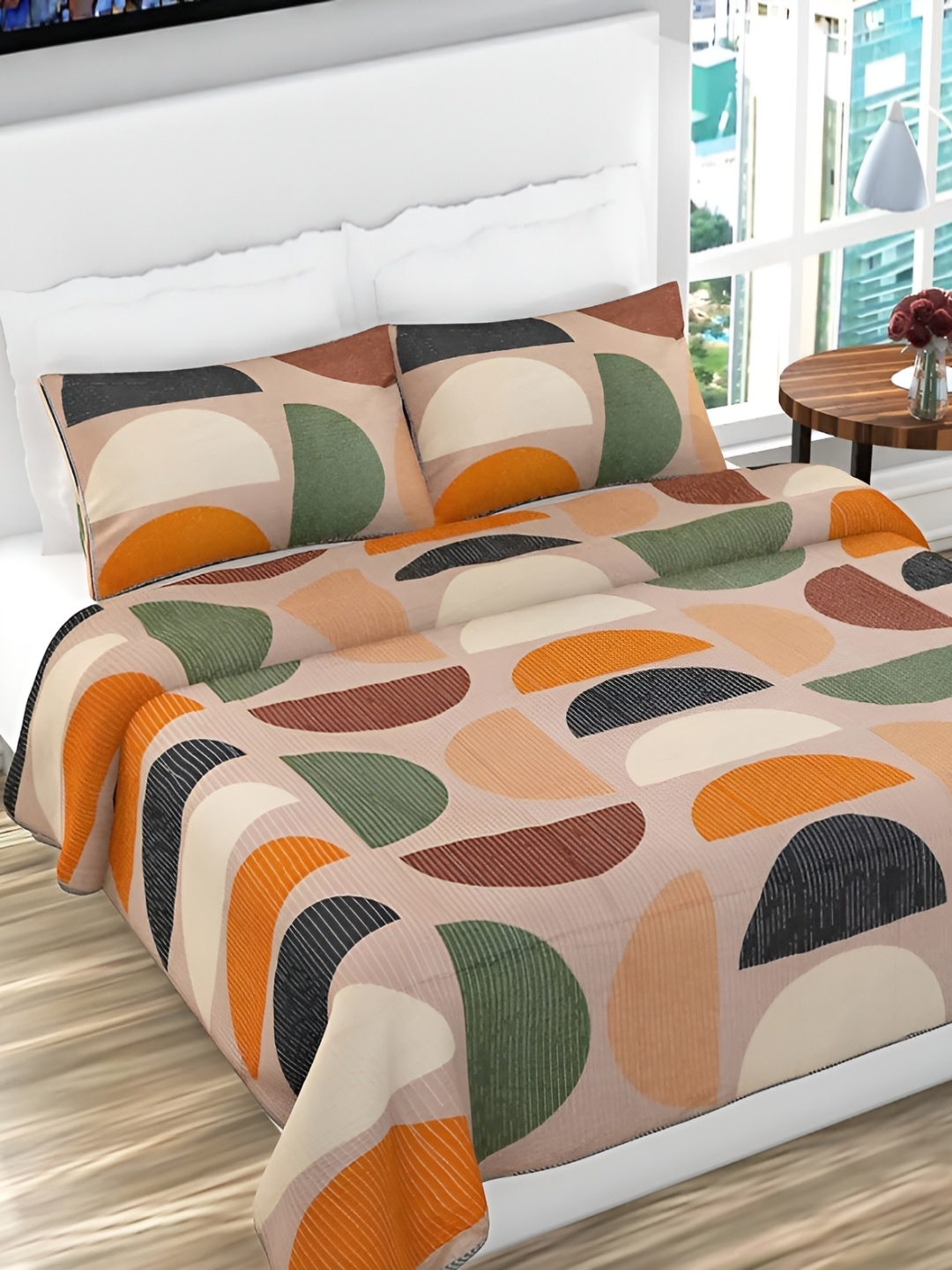 

RRC Beige & Orange Printed Reversible Double Queen Bed Cover With 2 Pillow Covers