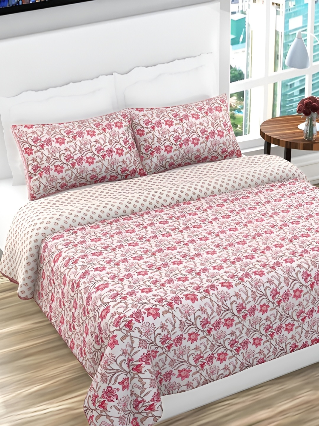 

RRC White & Pink Printed Reversible Double Queen 180 TC Bed Cover With 2 Pillow Covers