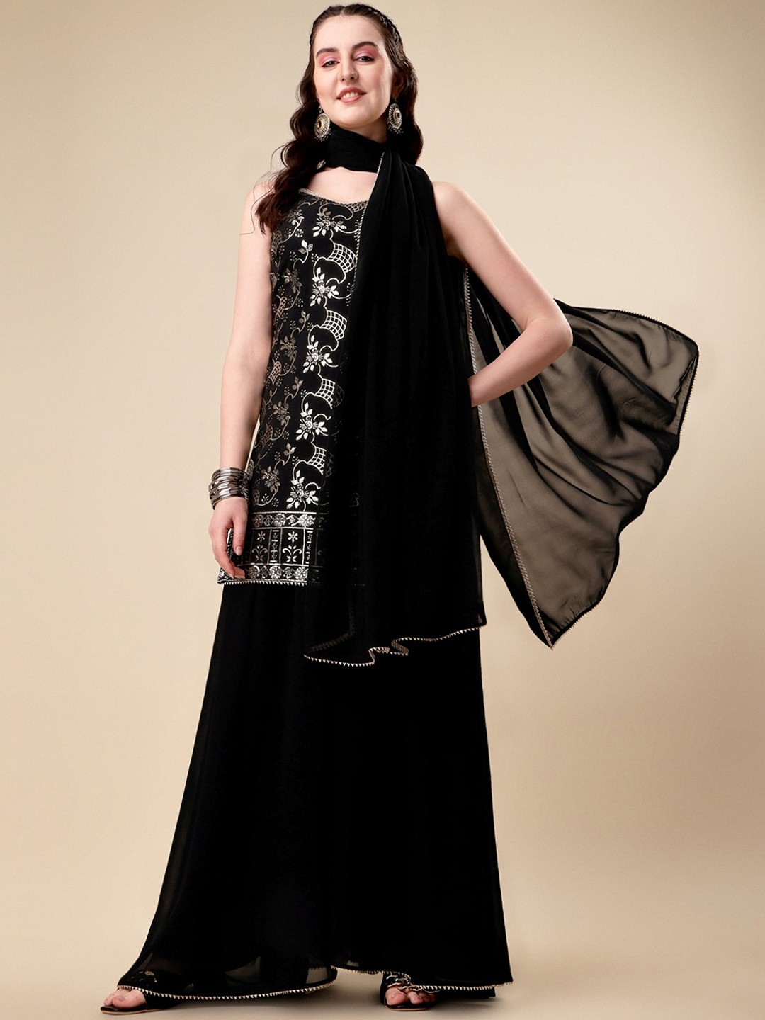 KALINI Floral Embroidered Sequinned Georgette Kurti with Palazzos & Dupatta, Black