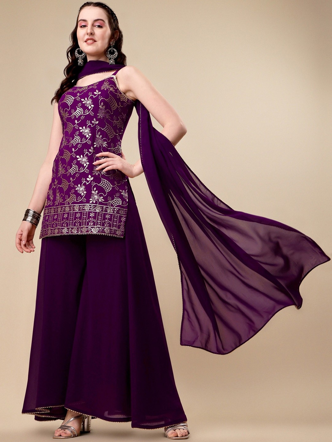 

KALINI Floral Embroidered Sequinned Georgette Kurta with Palazzos & Dupatta, Purple
