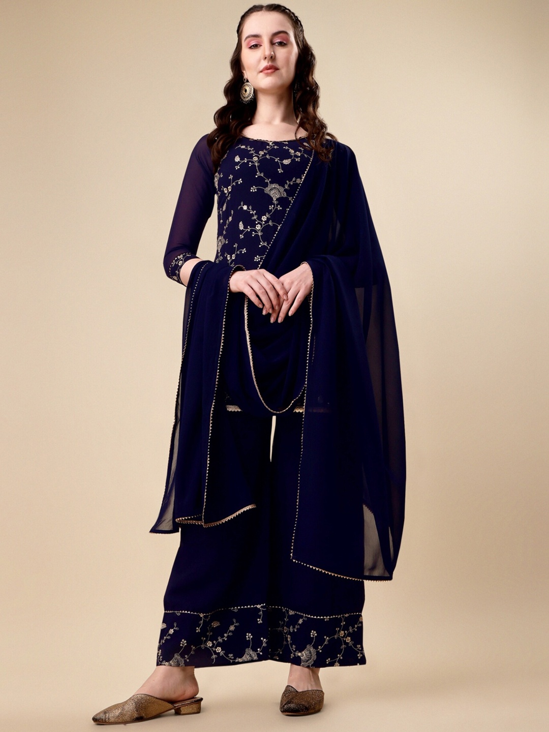 

KALINI Floral Embroidered Sequinned Georgette Kurta with Palazzos & Dupatta, Blue