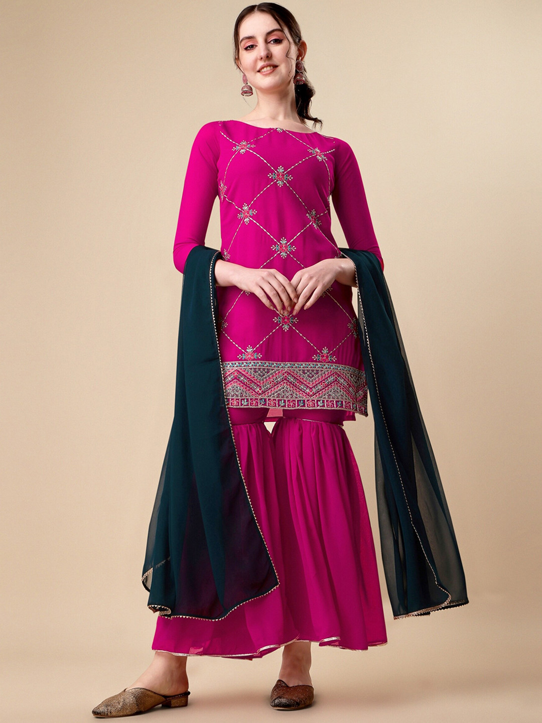 

KALINI Floral Embroidered Boat Neck Georgette Kurta with Sharara & Dupatta, Pink
