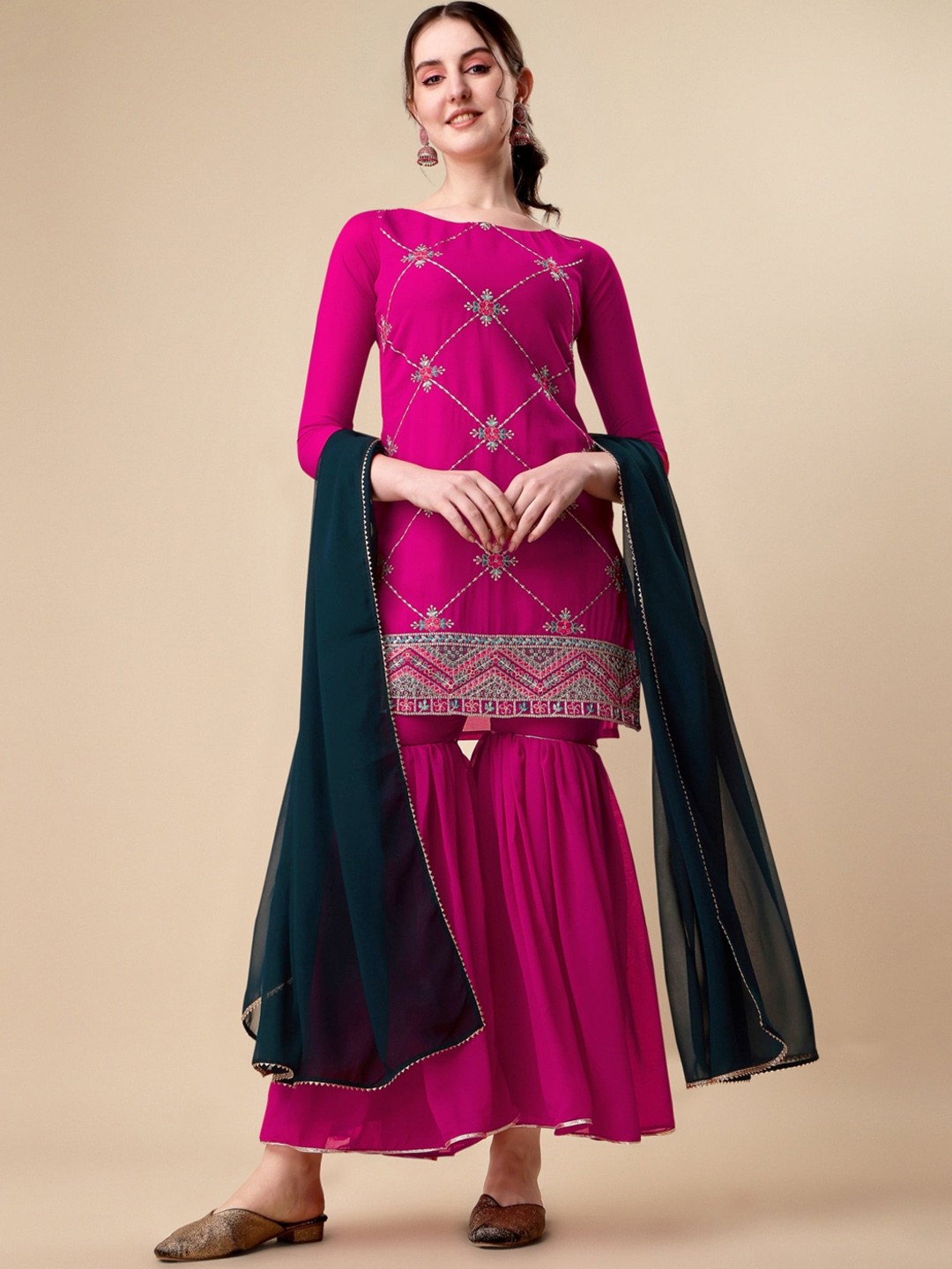

NIZA FASHION Ethnic Motifs Embroidered Regular Kurta With Sharara & Dupatta, Pink