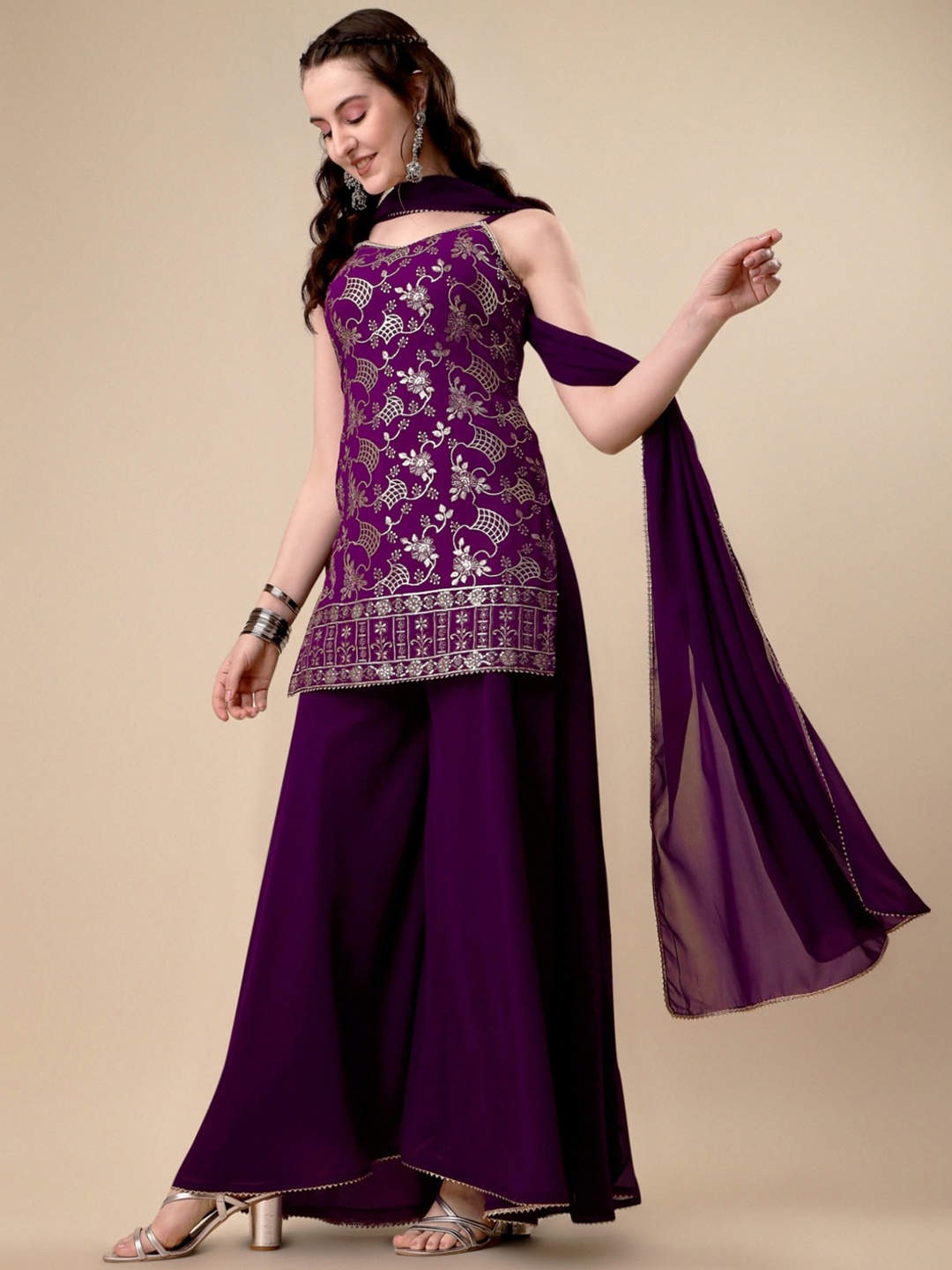 

NIZA FASHION Floral Embroidered Sleeveless Regular Sequinned Kurta With Palazzos & Dupatta, Purple