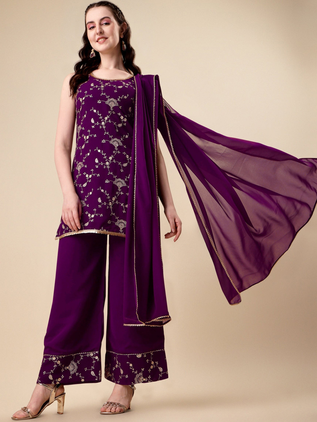 

NIZA FASHION Floral Embroidered Sleeveless Regular Sequinned Kurta With Palazzos & Dupatta, Purple