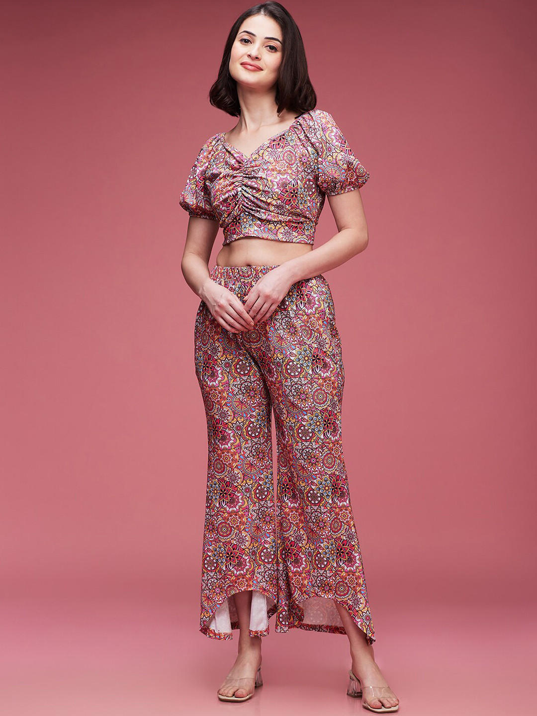 

DressBerry Maroon Printed Crop Top With Palazzos Co-Ords