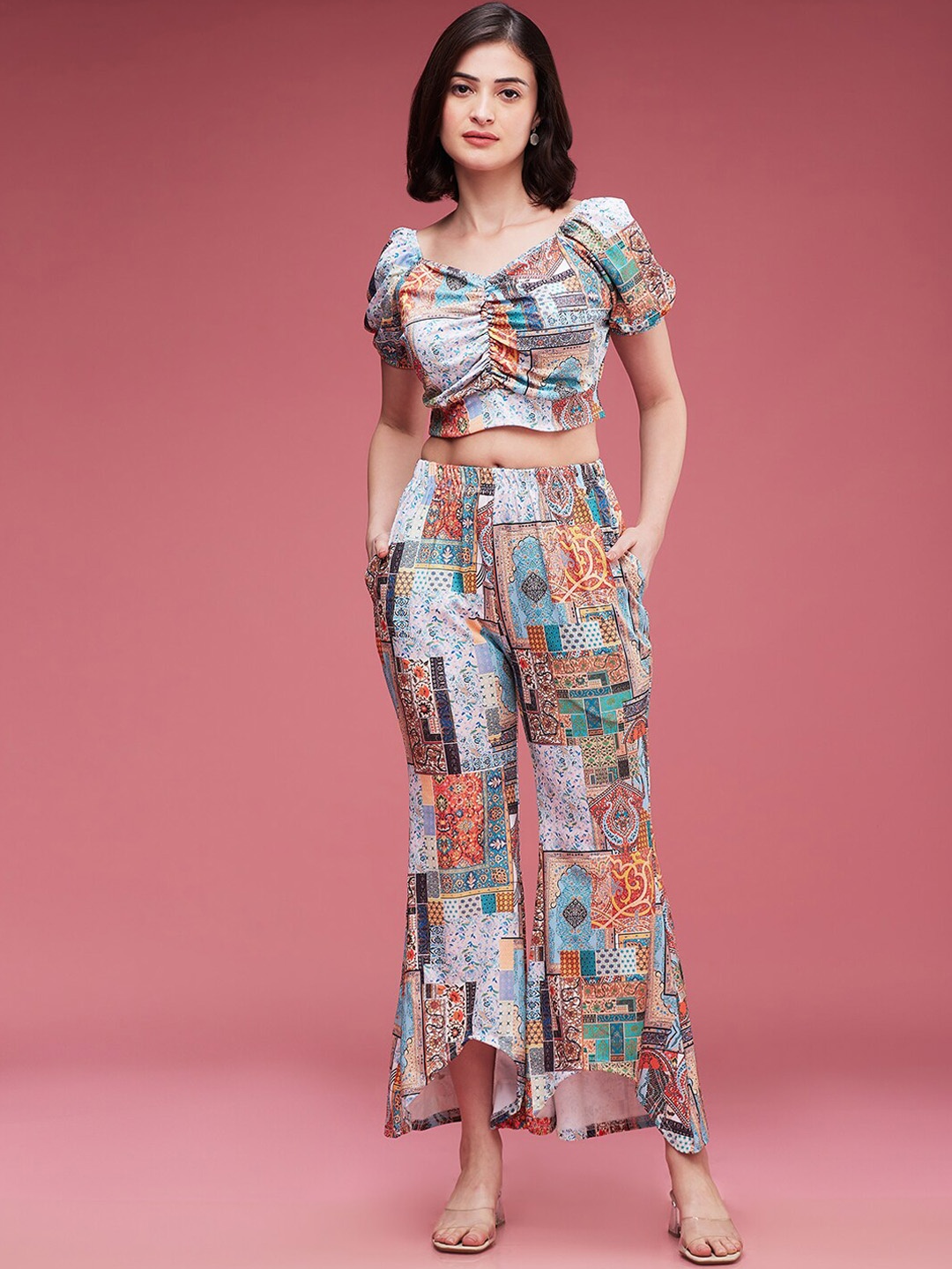 

DressBerry Green Printed V-Neck Top With Palazzos Co-Ords, Sea green