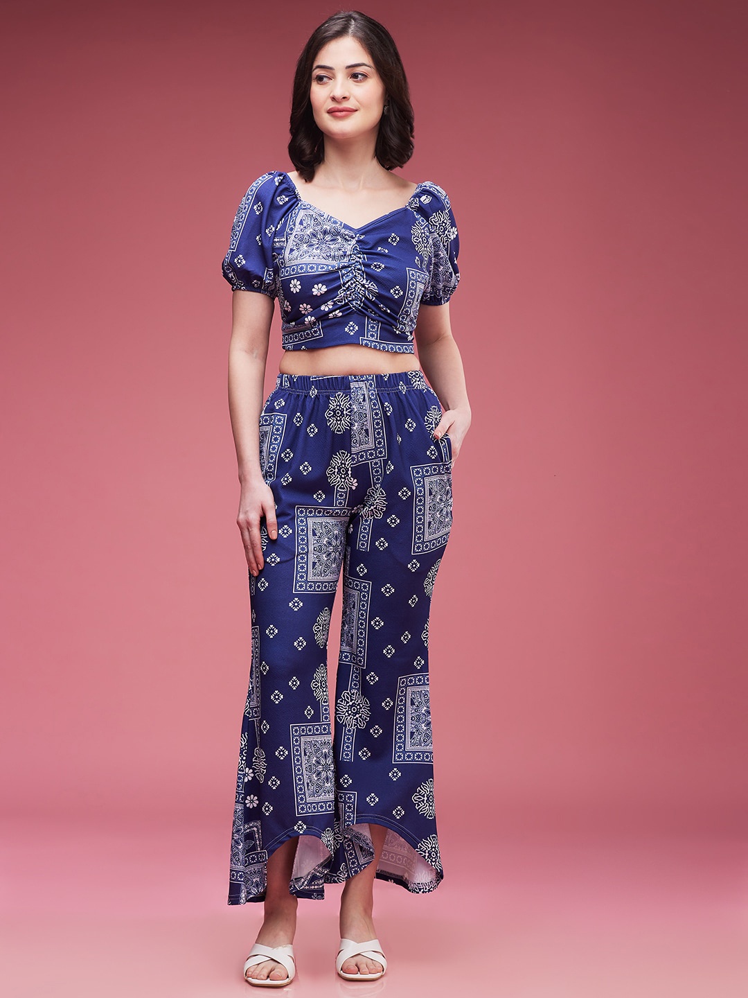 

DressBerry Printed V-Neck Top With Palazzos Co-Ords, Blue