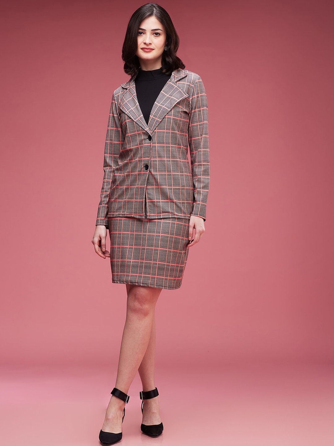 

DressBerry Peach Coloured Checked Notched Lapel Collar Blazer With Skirt & Top