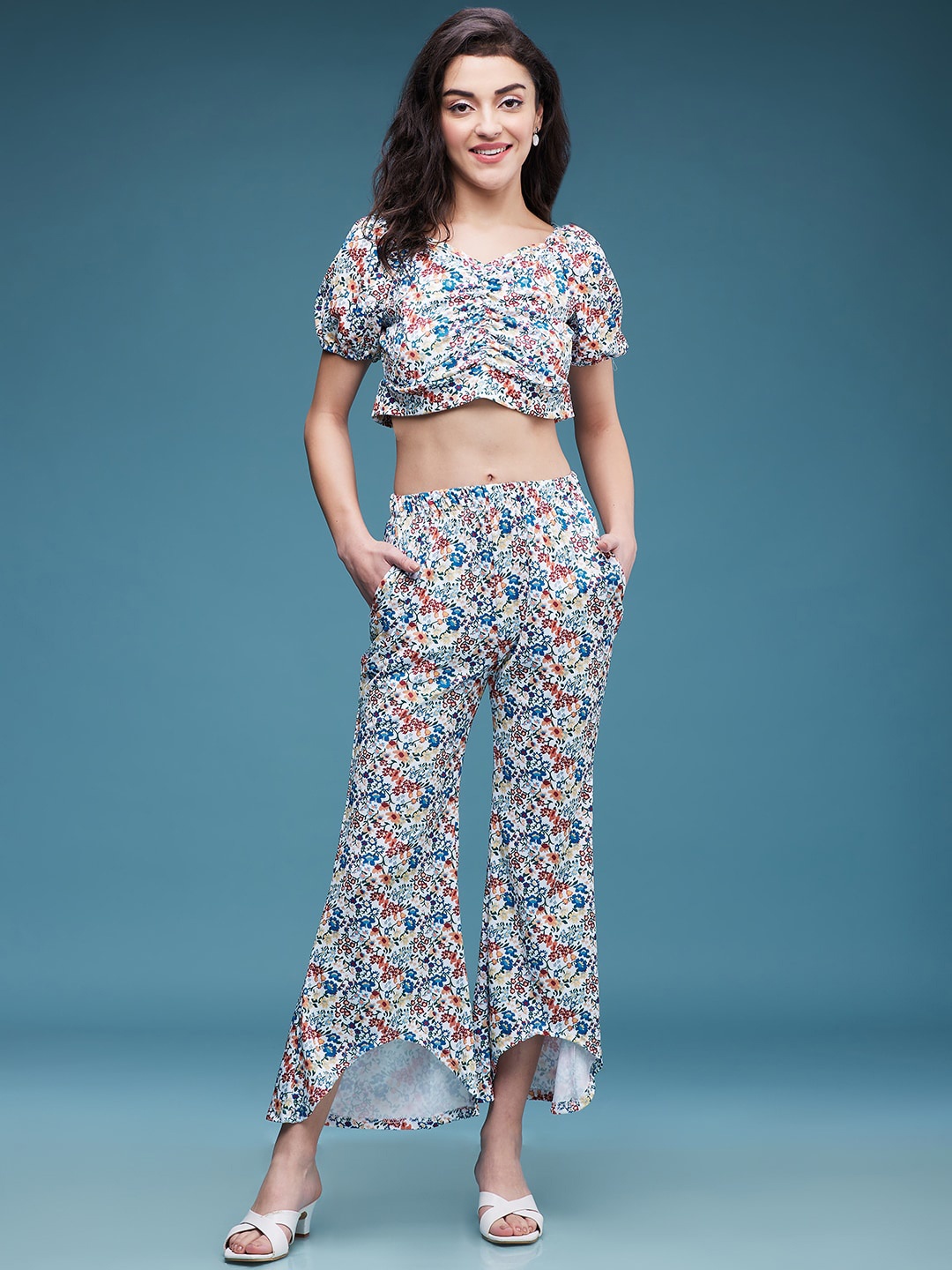 

DressBerry Grey Floral Printed Crop Top With Palazzo, Grey melange