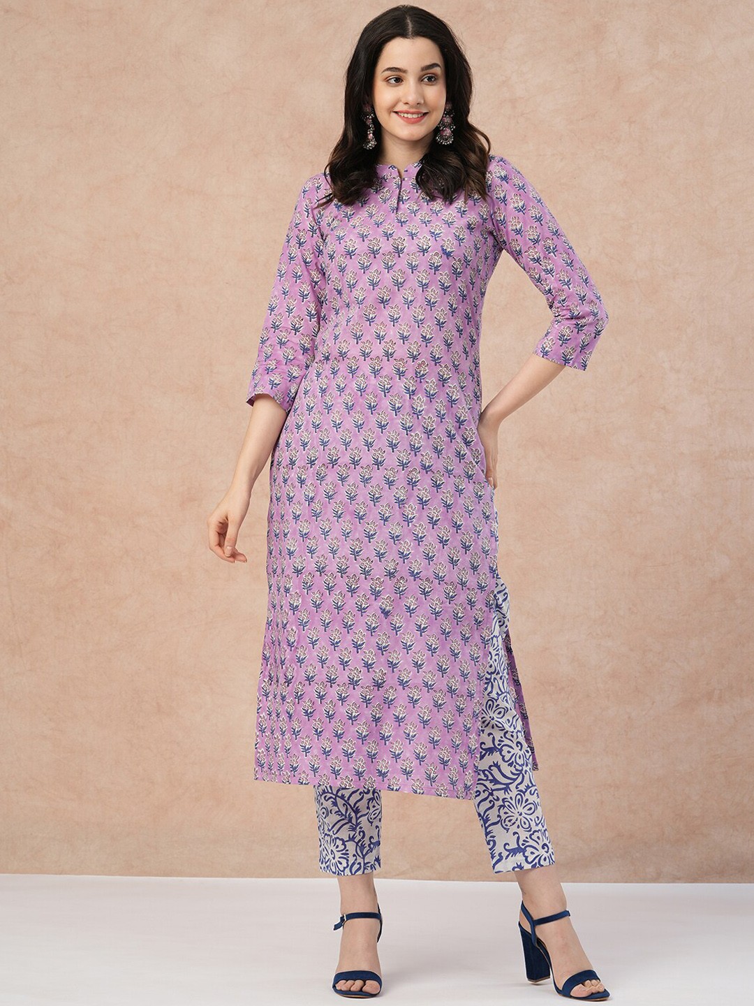 

KALINI Floral Printed Mandarin Collar Kurta with Trousers, Pink