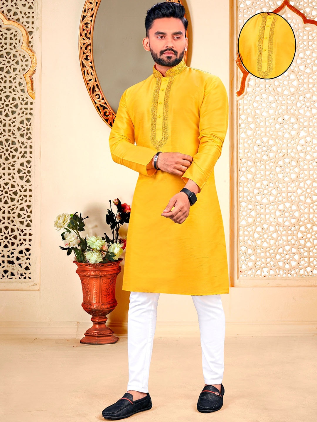 

PERFECTBLUE Mandarin Collar Pure Cotton Straight Kurta with Trousers, Yellow