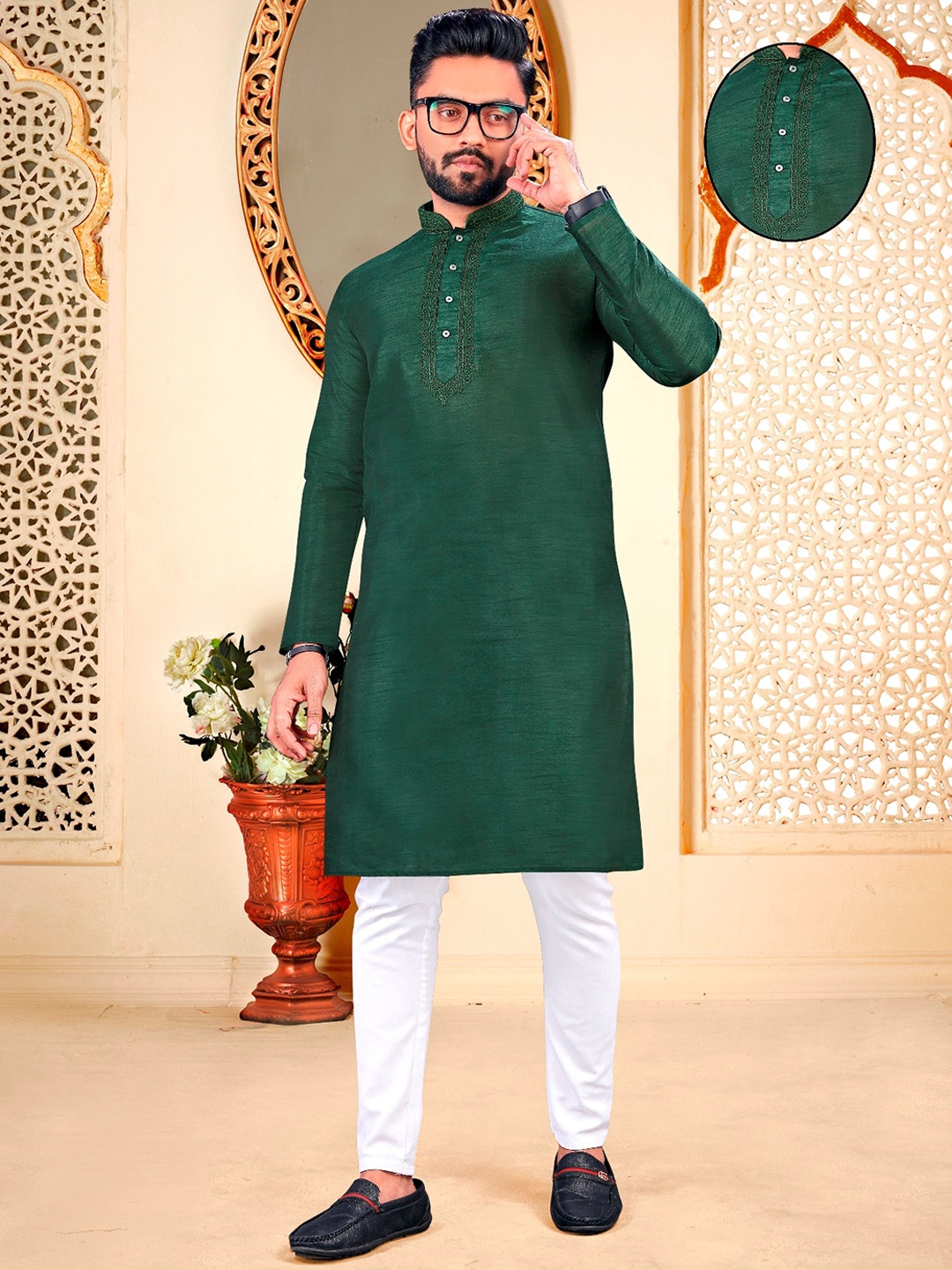 

PERFECTBLUE Mandarin Collar Kurta & Pyjama, Green