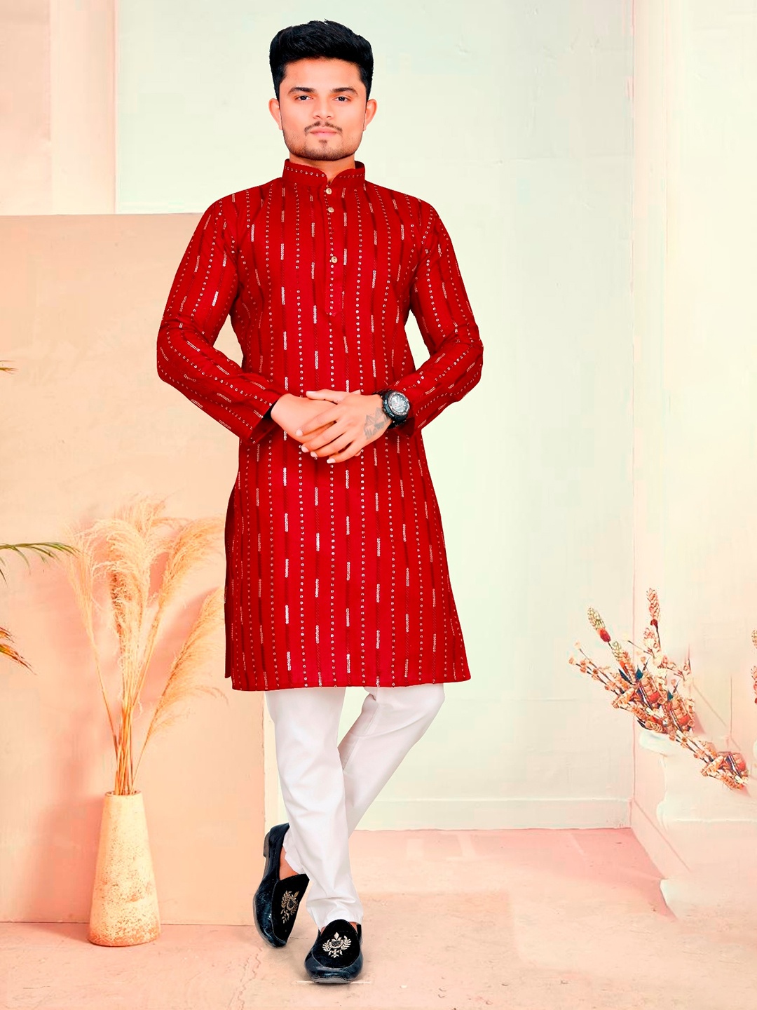 

PERFECTBLUE Striped Sequinned Straight Pure Cotton Kurta, Red