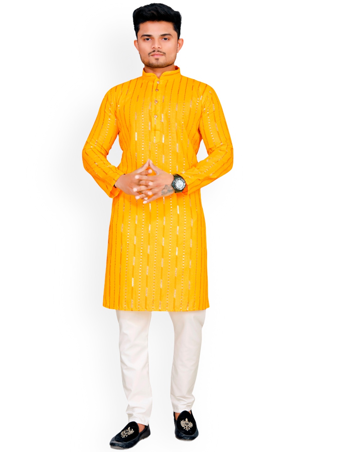 

PERFECTBLUE Striped Mandarin Collar Long Sleeves Cotton Thread Work Kurta Set, Yellow