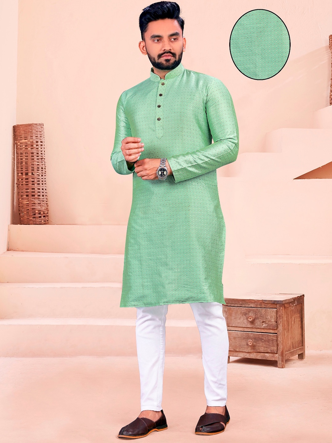 

PERFECTBLUE Thread Work Jacquard Mandarin Collar Kurta & Pyjama, Sea green