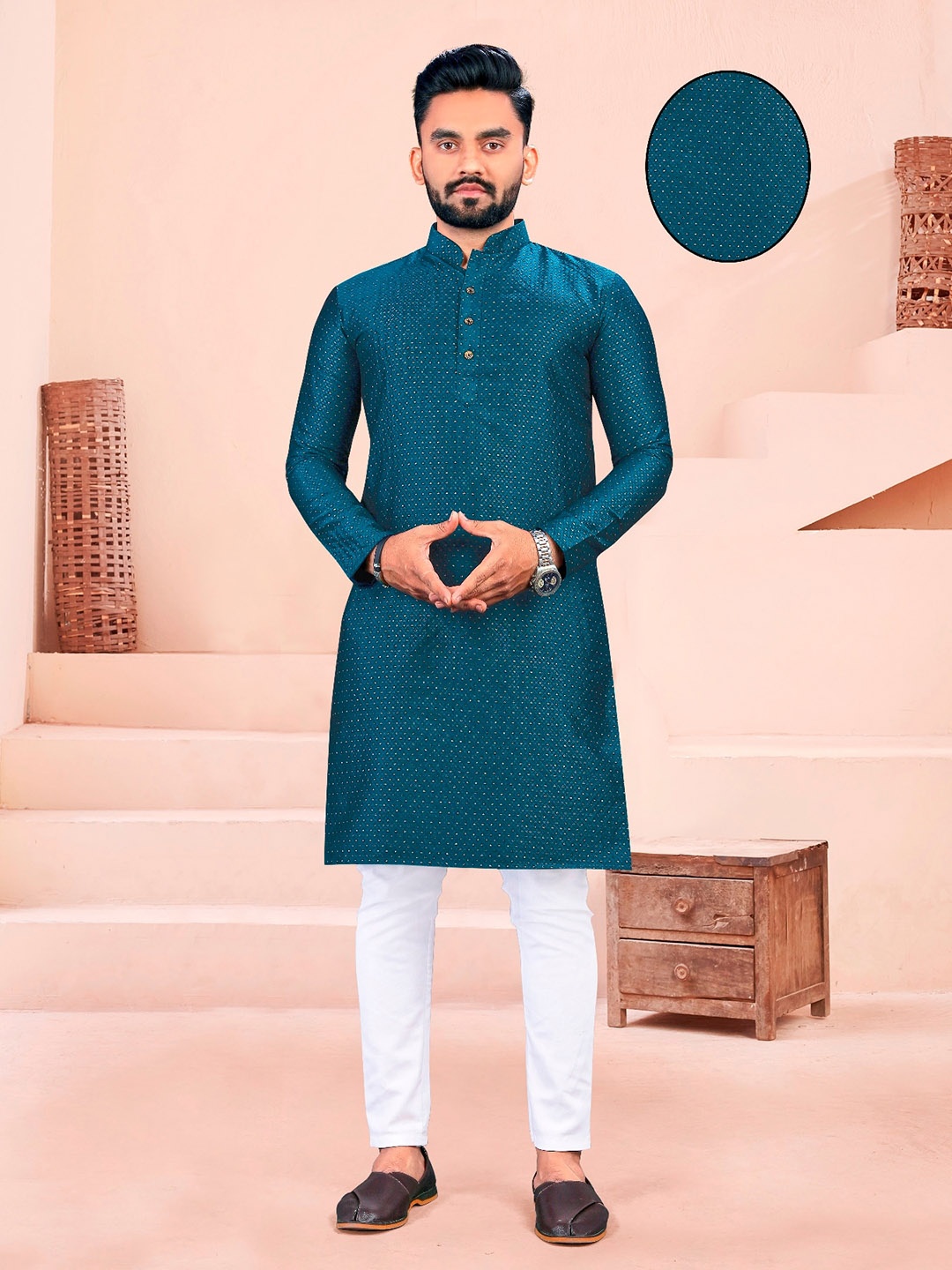 

PERFECTBLUE Geometric Woven Design Mandarin Collar Kurta & Pyjama, Blue