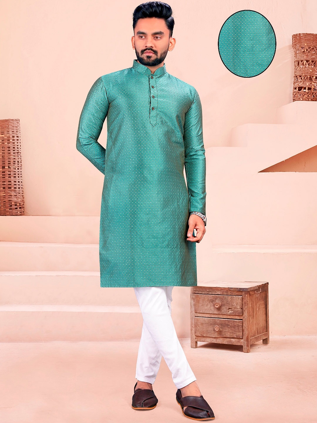 

PERFECTBLUE Mandarin Collar Long Sleeves Cotton Thread Work Kurta Set, Green