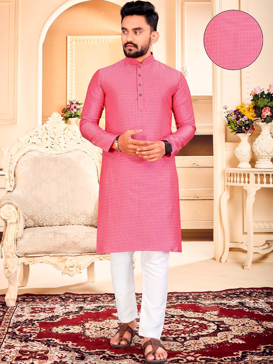 

PERFECTBLUE Geometric Woven Design Mandarin Collar Kurta & Pyjama, Pink