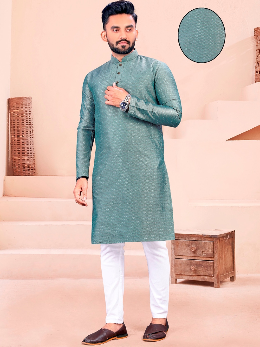 

PERFECTBLUE Men Jacquard Kurta, Grey