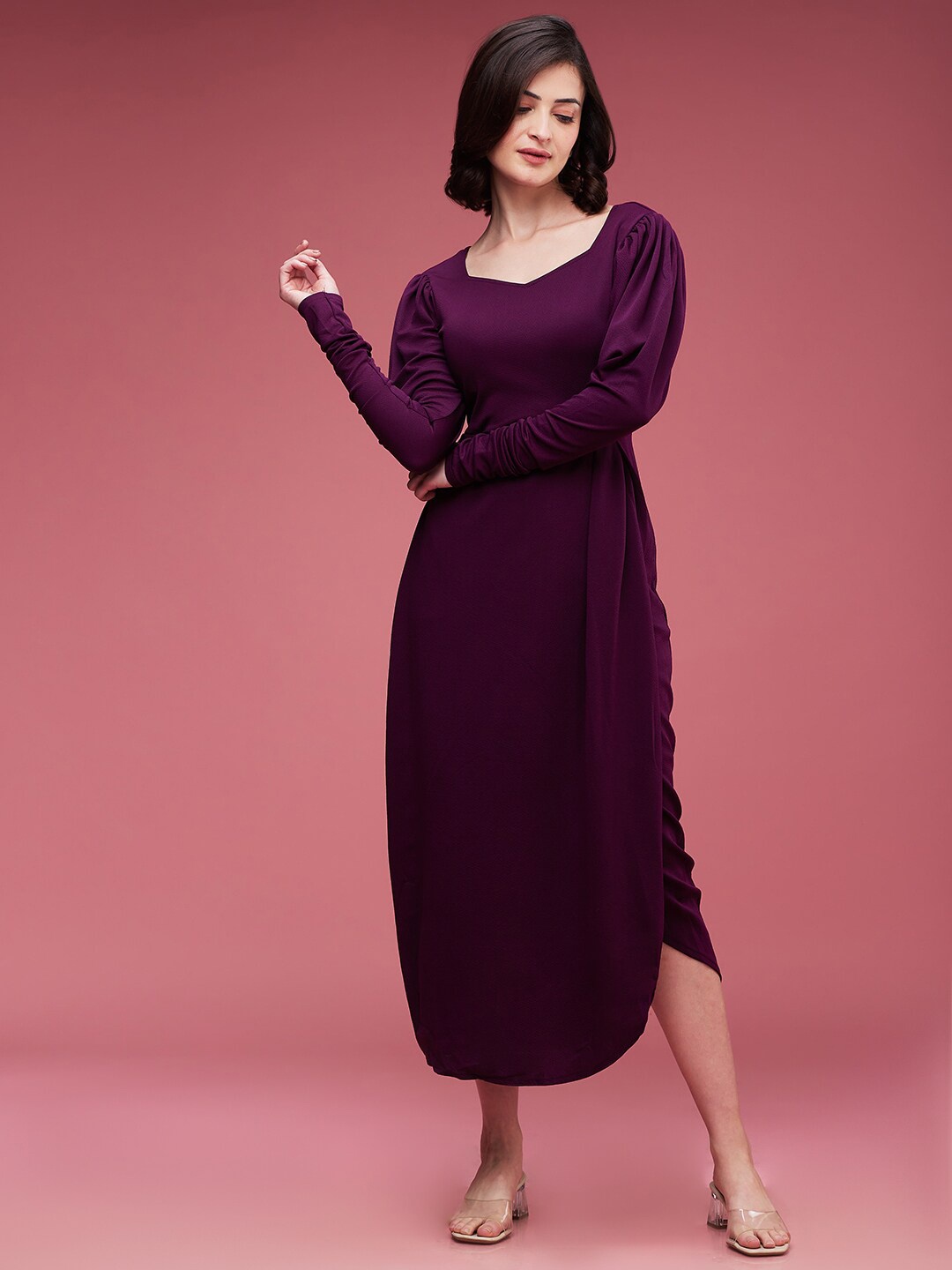 

DressBerry Purple Puff Sleeves A-Line Midi Dress, Burgundy