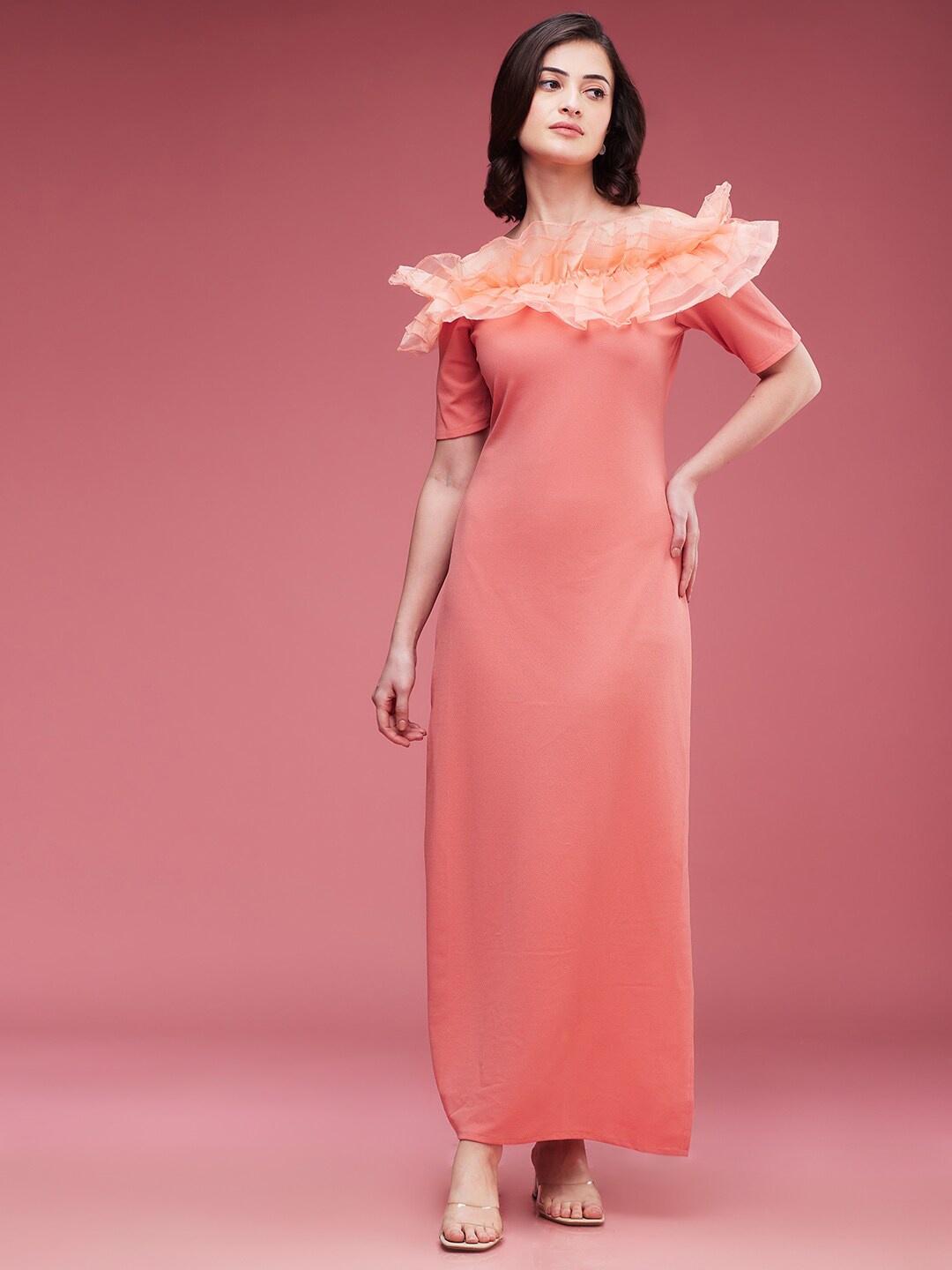 

DressBerry Peach Coloured Off-Shoulder Ruffle Detail Maxi Dress