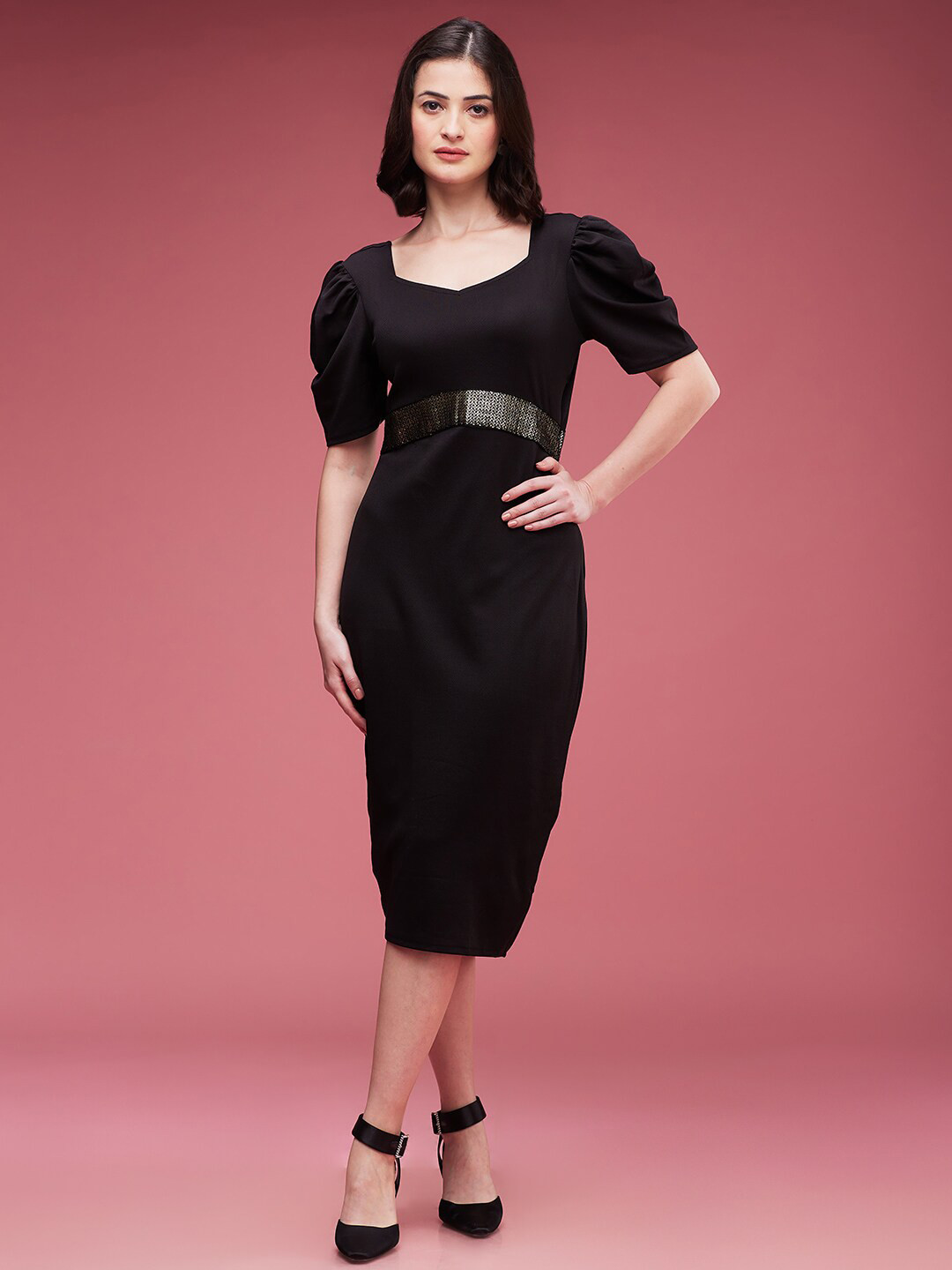 

DressBerry Black Puff Sleeves Sheath Midi Dress