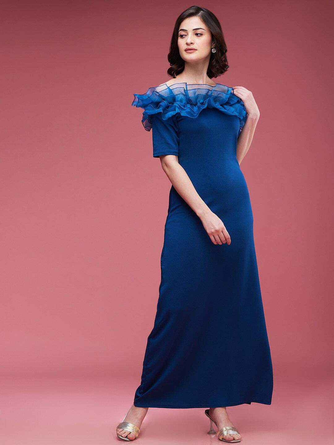 

DressBerry Blue Off-Shoulder Ruffle Detail Maxi Dress