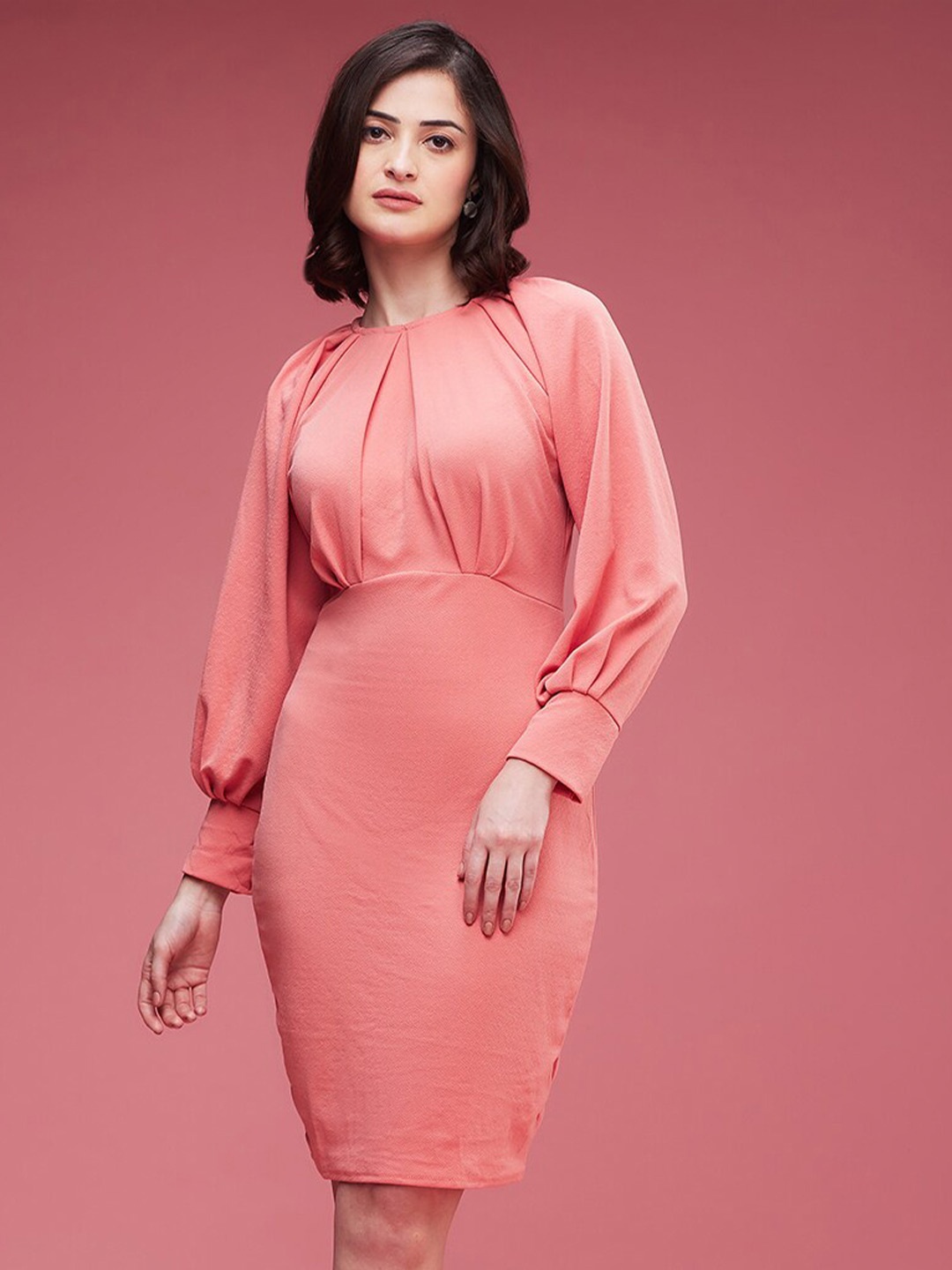 

DressBerry Peach Coloured Cuffed Sleeves Bodycon Dress