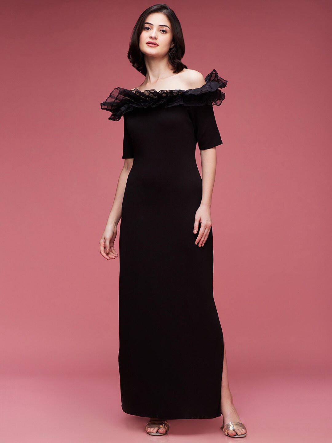 

DressBerry Black Off-Shoulder Ruffle Detail Maxi Dress