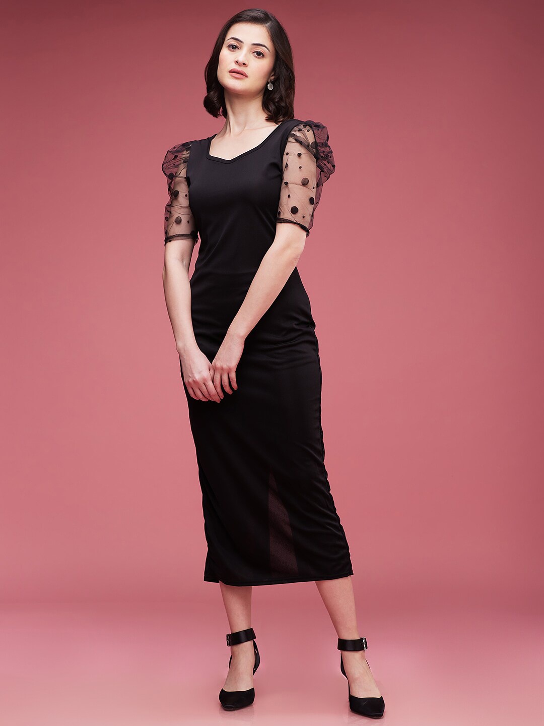 

DressBerry Black Puff Sleeves Sheath Midi Dress